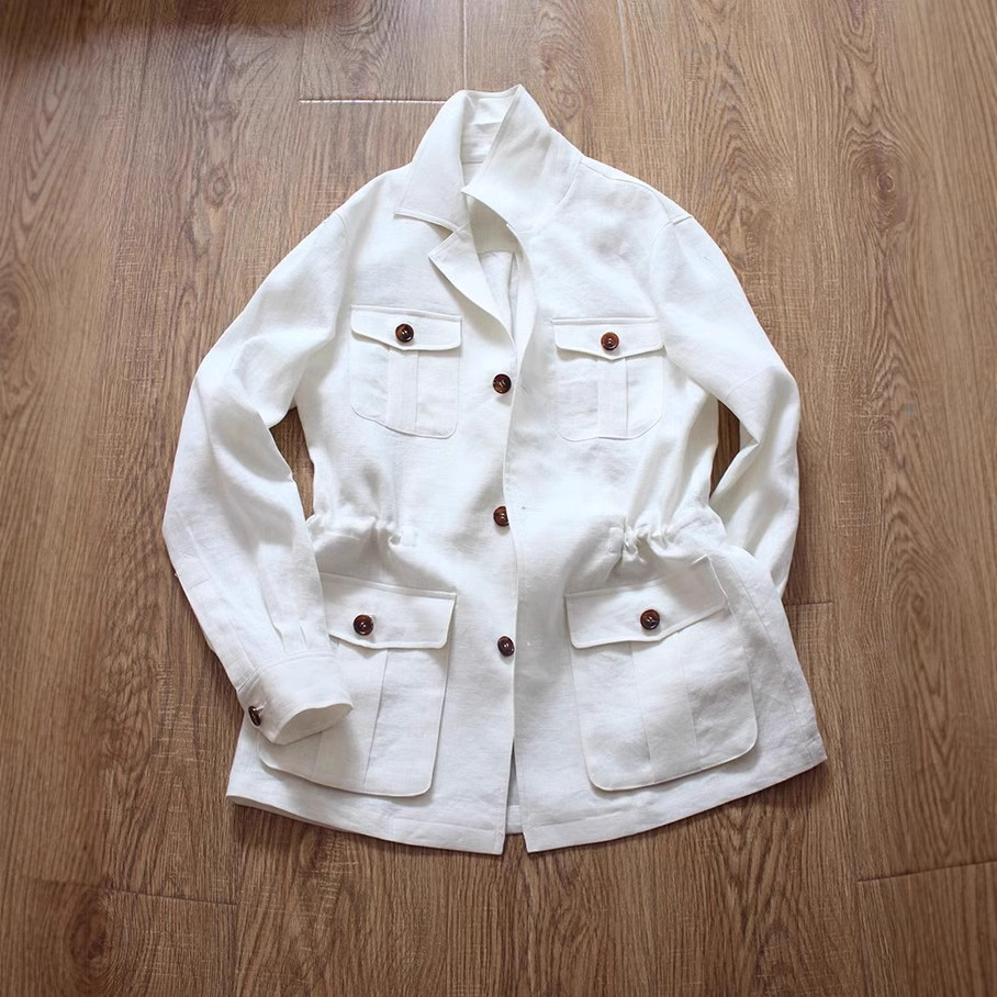 Spot unstructured spring and autumn new linen solid color American hunting jacket men's top